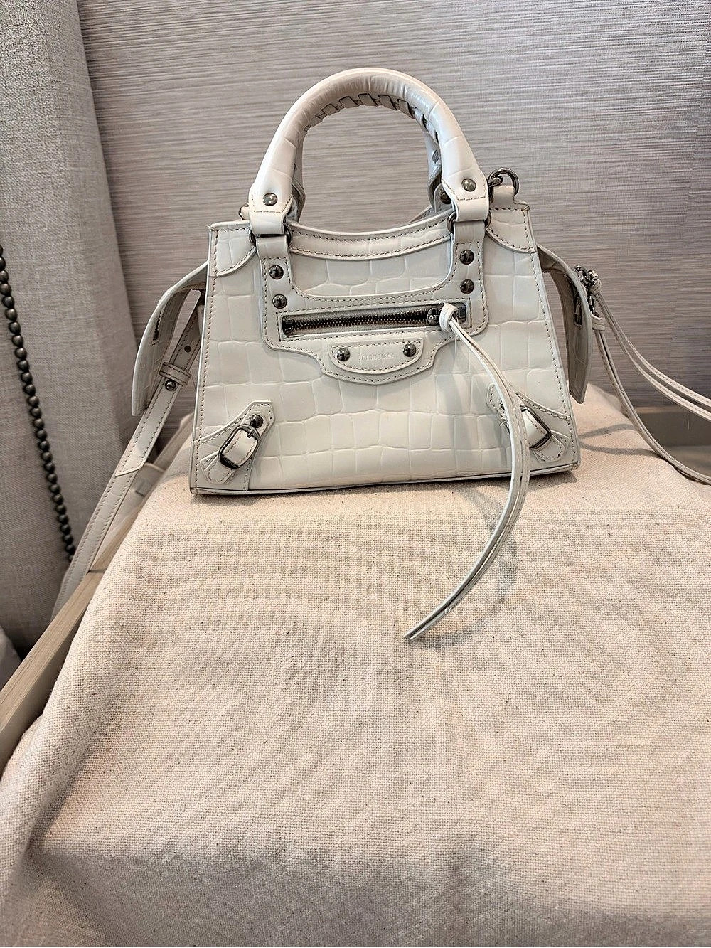 Balenciaga Neo Classic Nano Top Handle Bag Croc Embossed White